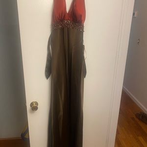 Halter gown with red top, brown bottom with sequins detail